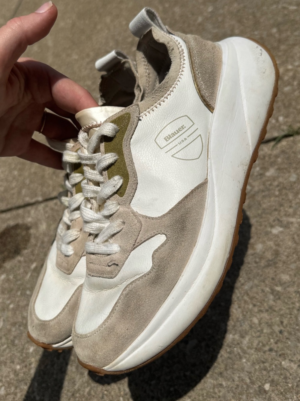 Blauer USA Leather Suede White Beige Running Fashion Sneakers Size 8.5
